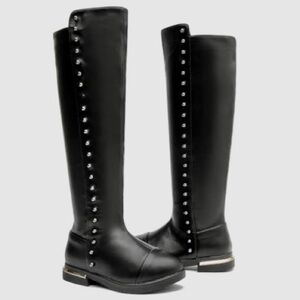 NWOT girls luxury tall riding black leather boots, gold heels & details